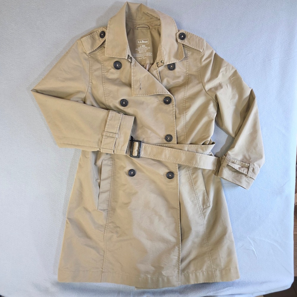 L.L. Bean Dark Academia Double Breasted Trench Coat Large Tan Belted Classic